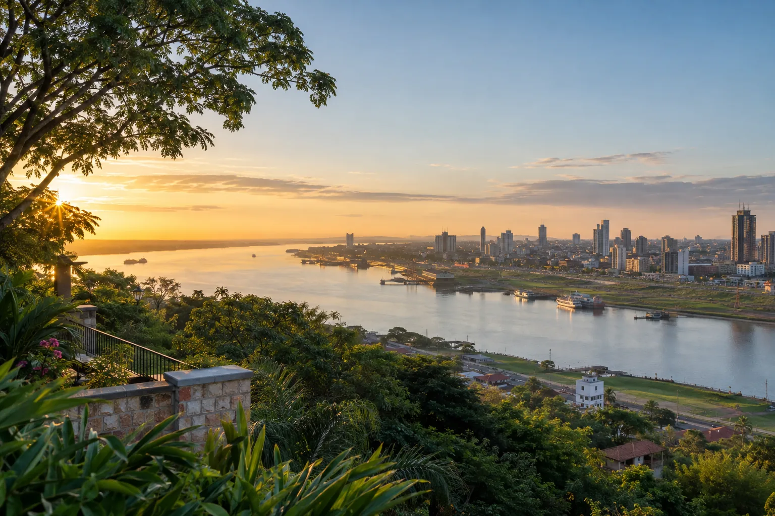Escena ilustrativa de una ciudad junto al río con luz suave de la mañana